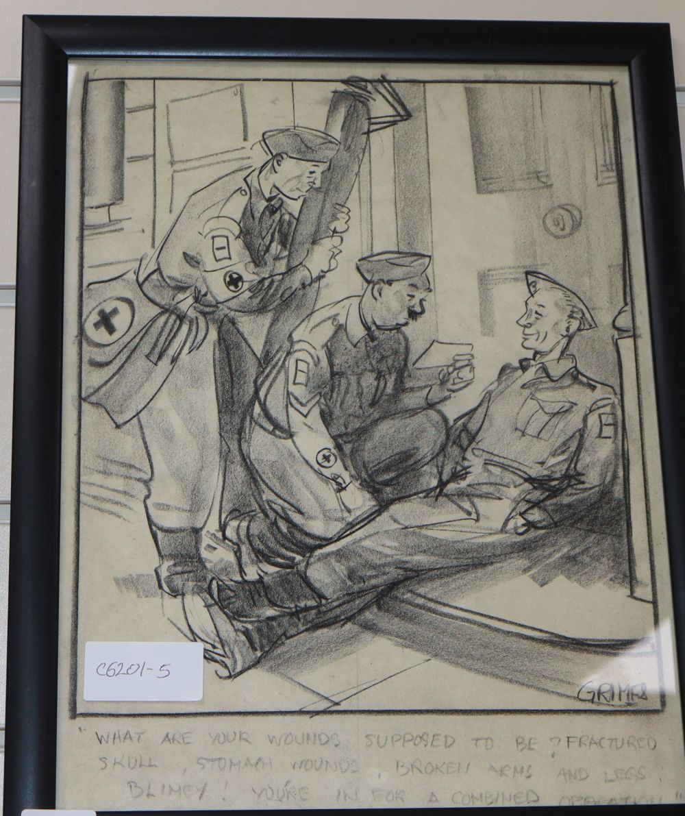 Leslie Grimes (1898-1983), charcoal sketch cartoon, Medics and a supposedly wounded soldier, signed, 34.5 x 27cm